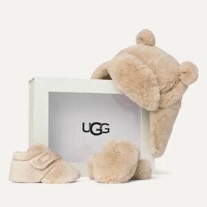 UGG Beige Plush Infant Hat, Bootie, and Mitten Gift Set